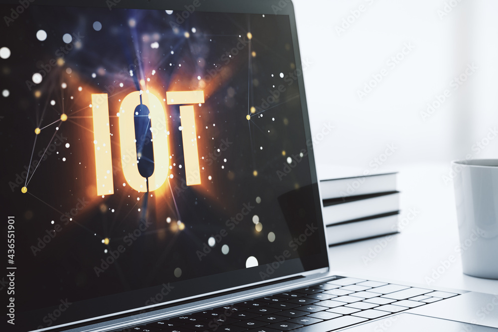 Aufkleber Creative IOT illustration on modern computer monitor, future technology concept. 3D Rendering