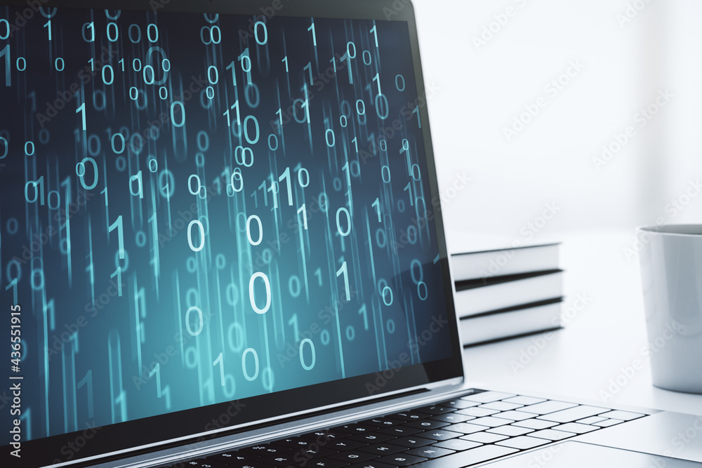 Poster creative concept of binary code illustration on modern laptop screen. big data and coding concept. 3
