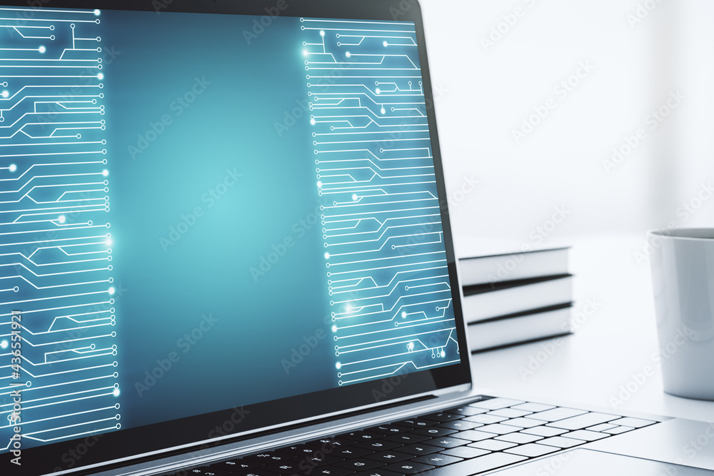 Leinwandbilder Creative concept of microscheme illustration on modern laptop screen. Big data and database concept. 3D Rendering