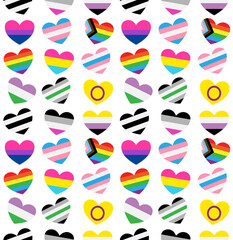 Fototapeta na wymiar Vector seamless pattern of Gender Sexual orientation lgbt flag heart isolated on white background. transgender, gay, lesbian, bisexual, bigender, travesti, genderqueer, androgyne, asexual