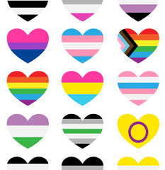 Vector seamless pattern of Gender Sexual orientation lgbt flag heart isolated on white background. Lgbtq+ transgender, gay, lesbian, bisexual, bigender, travesti, genderqueer, androgyne, asexual