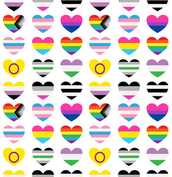 Vector seamless pattern of Gender Sexual orientation lgbt flag heart isolated on white background. Lgbtq+ transgender, gay, lesbian, bisexual, bigender, travesti, genderqueer, androgyne, asexual