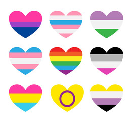 Vector set bundle of flat lgbt lgbtq+ community pride flag hearts isolated on white background