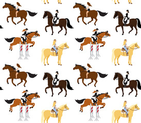 Vector seamless pattern of flat cartoon women girl riding horse isolated on white background