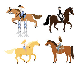 Vector set bundle of flat cartoon women girl riding horse isolated on white background