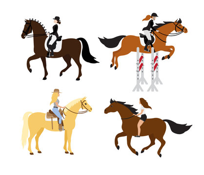 Vector set bundle of flat cartoon colored women girl riding horse isolated on white background