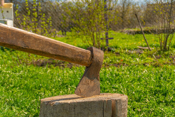 A rusty ax sticks out in a tree stump