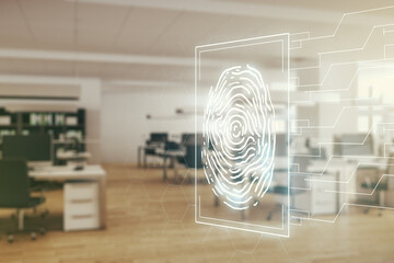 Abstract virtual fingerprint hologram on a modern furnished office background. Multiexposure