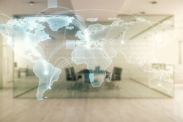 Abstract graphic digital world map hologram with connections on a modern furnished classroom background, globalization concept. Multiexposure
