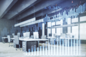 Double exposure of abstract creative financial chart hologram on modern corporate office background, research and strategy concept