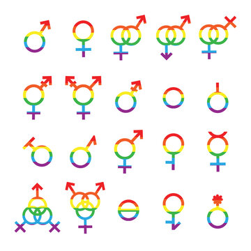 Vector rainbow Gender symbols and Sexual orientation icons set isolated on white background. Male, female, transgender, gay, lesbian, bisexual, bigender, travesti, genderqueer, androgyne, asexual lgbt