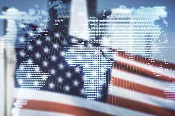 Multi exposure of abstract creative digital world map hologram on USA flag and blurry skyscrapers background, research and analytics concept