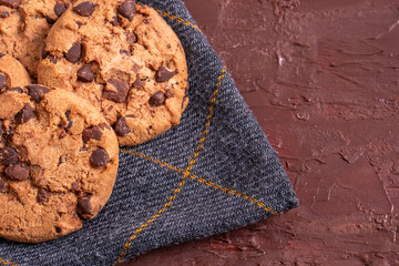 Chocolate chip cookies on white background	