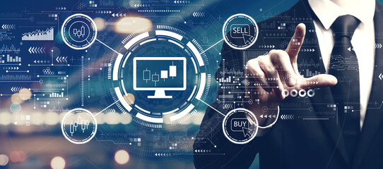 Stock trading theme with a man on city background