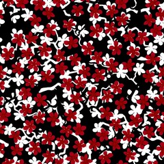 Seamless pattern with blossoming Japanese cherry sakura branches for fabric,packaging,wallpaper,textile decor,design, invitations,gift wrap,manufacturing.Red and white flowers on black background.