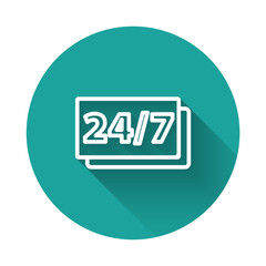 White line Clock 24 hours icon isolated with long shadow. All day cyclic icon. 24 hours service symbol. Green circle button. Vector