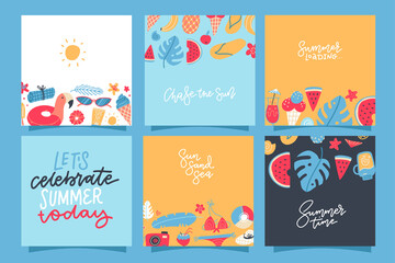 Fototapeta na wymiar Set of creative summer square cards. Placard, poster, flyer with pineapple, watermelon, lemon,ice cream,, palm leaves, cocktails and lettering quotes. Vector flat hand drawn Illustration