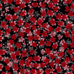 Seamless pattern with blossoming Japanese cherry sakura branches for fabric,packaging,wallpaper,textile decor,design, invitations,gift wrap,manufacturing.Red and gray flowers on black background.