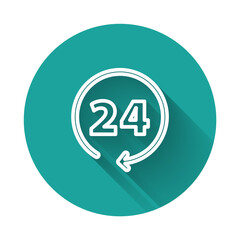 White line Clock 24 hours icon isolated with long shadow. All day cyclic icon. 24 hours service symbol. Green circle button. Vector