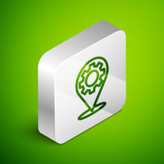 Isometric line Car service icon isolated on green background. Auto mechanic service. Repair service auto mechanic. Maintenance sign. Silver square button. Vector