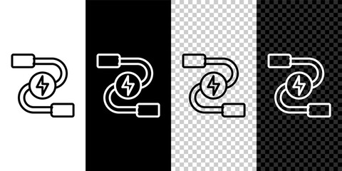 Set line Car battery jumper power cable icon isolated on black and white background. Vector