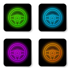 Glowing neon line Steering wheel icon isolated on white background. Car wheel icon. Black square button. Vector