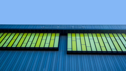 Background with texture of metal cladding.Blue and Green stripes of modern architecture, Clour two...