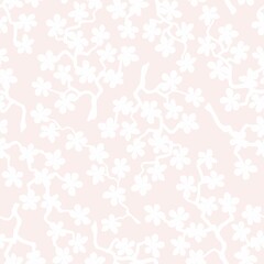 Seamless pattern with blossoming Japanese cherry sakura branches for fabric, packaging, wallpaper, textile decor, design, invitations, print, gift wrap, manufacturing.White flowers on pink background