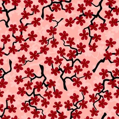 Seamless pattern with blossoming Japanese cherry sakura branches for fabric, packaging, wallpaper, textile decor, design, invitations, print, gift wrap, manufacturing. Red flowers on coral background.