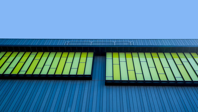 Background with texture of metal cladding.Blue and Green stripes of modern architecture, Clour two tone tone of metal panels for cladding the exterior walls background, Minimalism concept