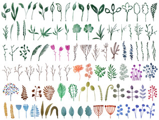 Watercolor trees, branches and leaves