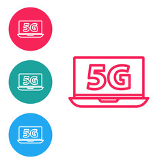 Red line Laptop with 5G new wireless internet wifi icon isolated on white background. Global network high speed connection data rate technology. Set icons in circle buttons. Vector