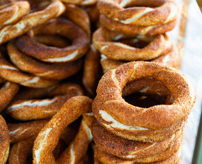 Traditional turkish simit, popular street baked goods with sesame