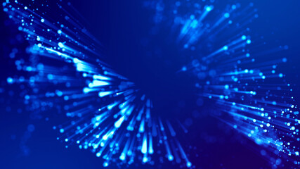 Blue light rays like laser show for bright festive presentation. 3d rendering of abstract blue background with glowing particles like micro world science fiction with depth of field and bokeh.