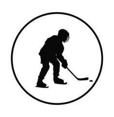 Hockey player with stick and a washer vector silhouette illustration isolated on white background. Shoots the puck and attacks on goal. Skating on ice. Sportsman in full equipment.
