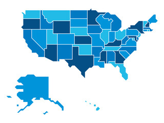 Blue simplified map of USA, United States of America. Retro style. Geometrical shapes of states with sharp borders. Simple flat blank vector map