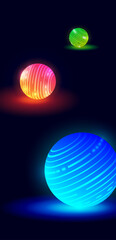 mobile phone wallpaper three_glowing_spheres illustration depicting three glowing spheres of blue, fire and green colors on a dark background