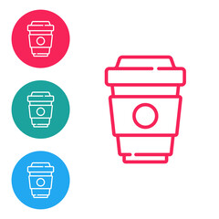 Red line Coffee cup to go icon isolated on white background. Set icons in circle buttons. Vector
