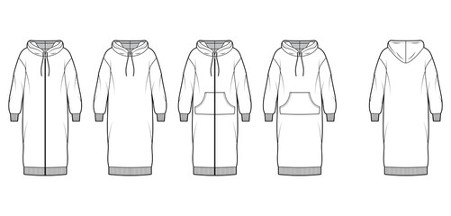 Set of Dresses zip-up hoody technical fashion illustration with long sleeves, kangaroo pouch, rib cuff, knee length skirt. Flat apparel front, back, white color style. Women, men unisex CAD mockup