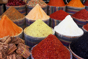 Oriental spice market in Istanbul, Turkey. Various spices on the counter. Selective focus
