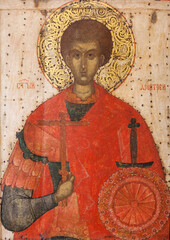 Ancient icon of Saint Demetrios of Thessalonike, also known as the Holy Great Martyr Demetrius the Myroblyte, from the Church of Saint Barbara in Pskov, Russia, 15th cent.