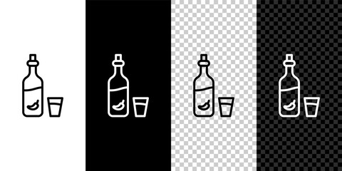 Set line Vodka with pepper and glass icon isolated on black and white background. Ukrainian national alcohol. Vector