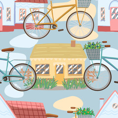 Cottagecore, villagecore aesthetic vector seamless pattern. Cute houses and bicycles with wildflowers. Colorful summer cartoon ornament. For design fabric, textile, background, wallpaper, print, decor