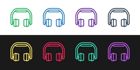 Set line Headphones icon isolated on black and white background. Earphones. Concept for listening to music, service, communication and operator. Vector