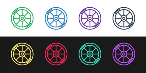 Set line Bicycle wheel icon isolated on black and white background. Bike race. Extreme sport. Sport equipment. Vector