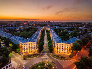Evening summer Voronezh cityscape at sunset, Mira Street, aerial view