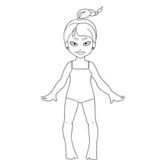 Little cute girl in a swimsuit coloring page, outline isolated on white background. Black and white character. Vector illustration