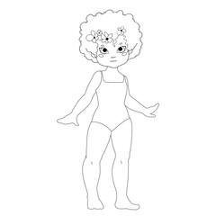 Little cute girl in a swimsuit coloring page, outline isolated on white background. Black and white character. Vector illustration