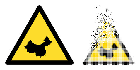 Dissolved pixelated Chinese warning vector icon with destruction effect, and original vector image. Pixel disintegration effect for Chinese warning demonstrates speed and motion of cyberspace items.