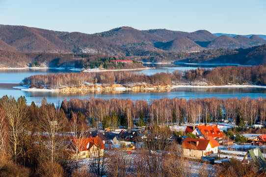 Solińskie Lake seen from the viewpoint in Polańczyk. Polanczyk, Solina, Bieszczady Mountains.
